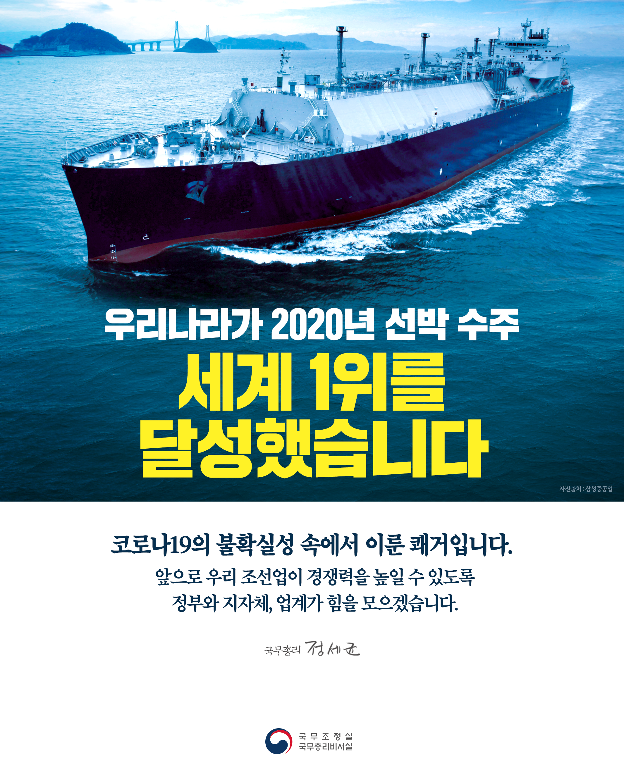 우리나라 2020년 선박 수주 세계 1위 달성